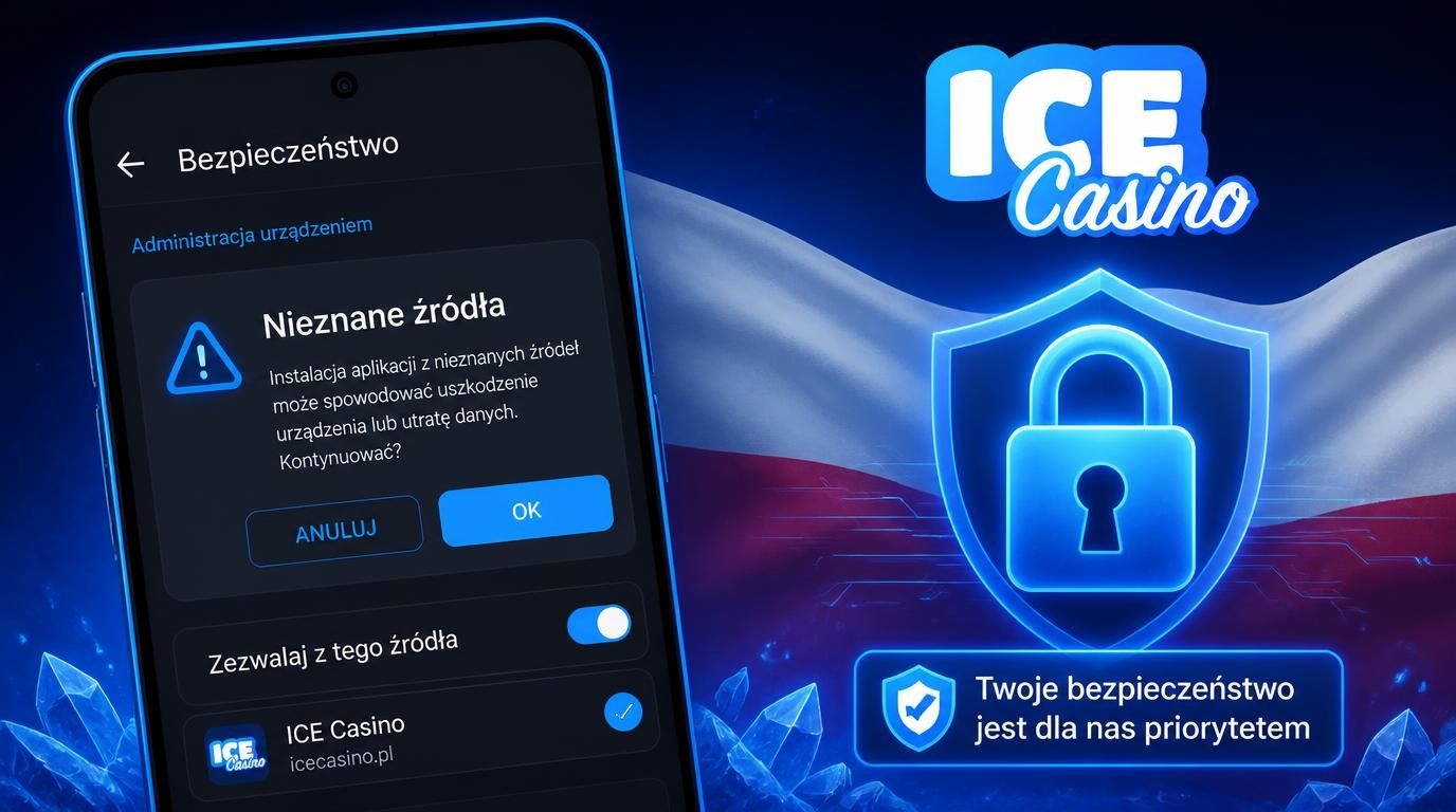  ikona ostrzeżenia „Nieznane źródła” na ekranie telefonu z logo Ice Casino 