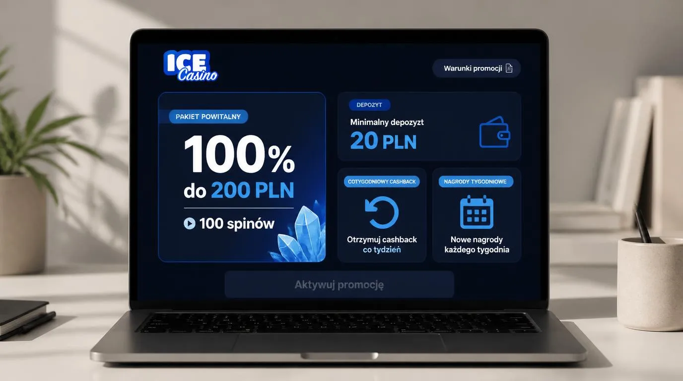 Panel bonusów z ofertą 100% do 200 PLN, 100 spinami i minimalnym depozytem 20 PLN