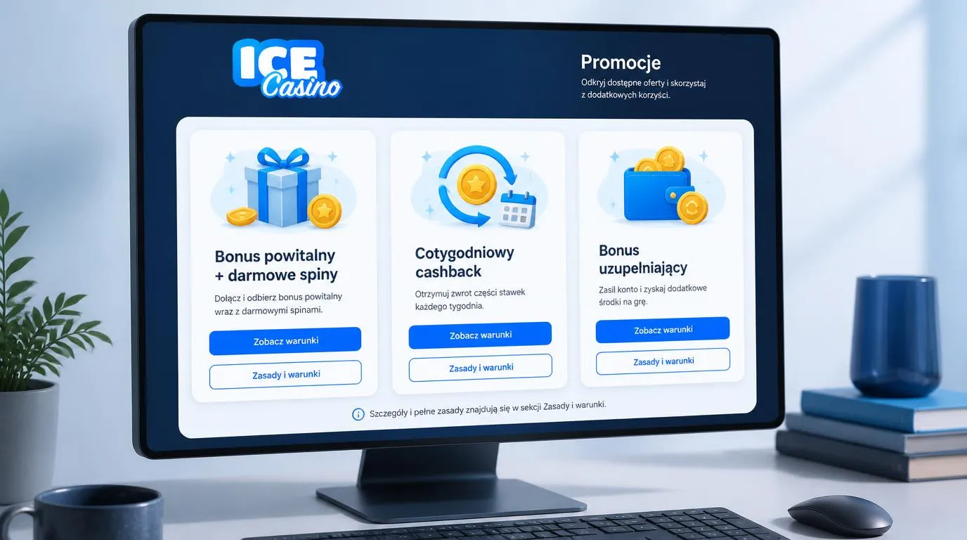 Panel promocji kasynowych z kartami bonusu powitalnego, cashbacku tygodniowego i bonusu na kolejną wpłatę
